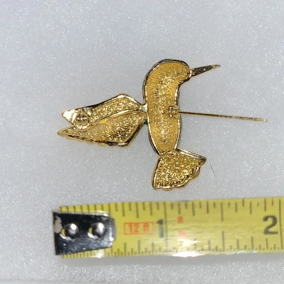 Hummingbird Brooch Green & Blue Enamel & Crystal Rhinestones Bird of Paradise 2" - Picture 5 of 8